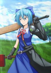 Rule 34 | 1girl, absurdres, advent cirno, belt, blue dress, blue eyes, blue hair, blue sky, bow, cirno, cloud, day, dress, gauntlets, grass, hair bow, highres, keroro, keroro gunsou, light rays, looking away, matching hair/eyes, outdoors, over shoulder, parted lips, ribbon, short hair, short sleeves, sky, solo, sunbeam, sunlight, sword, sword over shoulder, taishi (e-star1217), touhou, tree, weapon, weapon bag, weapon over shoulder