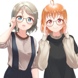 Rule 34 | 2girls, adjusting eyewear, ahoge, arm up, black sweater, blue eyes, blue skirt, collar, frilled collar, frills, glasses, grey hair, grey shirt, hands up, highres, long sleeves, looking at viewer, love live!, love live! sunshine!!, multiple girls, open mouth, orange hair, parted hair, puffy sleeves, red eyes, shirt, short hair, simple background, skirt, sleeves past elbows, sleeves past wrists, smile, striped clothes, striped shirt, suspender skirt, suspenders, sweater, takami chika, toine, watanabe you, white background