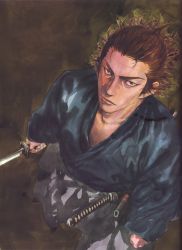 Rule 34 | 1boy, absurdres, from above, highres, inoue takehiko, japanese clothes, katana, male focus, miyamoto musashi, scan, scar, solo, sword, traditional media, vagabond, weapon