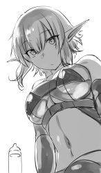 Rule 34 | 1girl, baby bottle, bad id, bad twitter id, bare shoulders, belko, belt, bottle, breasts, commentary request, de-chan (belko), elbow gloves, elf, gloves, greyscale, large breasts, monochrome, navel, original, pointy ears, short hair, simple background, solo, thighhighs, upper body, white background