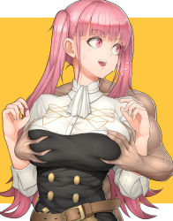 Rule 34 | 1boy, 1girl, absurdres, belt, breasts, deep skin, fire emblem, fire emblem: three houses, gold trim, grabbing, grabbing another&#039;s breast, highres, hilda valentine goneril, holding, holding behind back, large breasts, long hair, looking back, matching hair/eyes, mogtate, neckerchief, nintendo, open mouth, orange background, pink eyes, pink hair, shirt, simple background, solo focus, surprised, sweatdrop, twintails, upper body, wide-eyed, yellow background