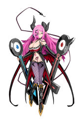 Rule 34 | 1girl, ashmedia, bare shoulders, bat wings, beads, between breasts, blush, body blush, boots, breasts, buckle, cleavage, collar, demon girl, demon horns, demon tail, detached sleeves, earrings, expressionless, fishnet pantyhose, fishnets, full body, gem, green eyes, groin, hair ornament, hair over one eye, hairclip, half-closed eyes, harada takehito, holding, horns, jewelry, knee boots, large breasts, legs together, long hair, looking at viewer, low wings, makai shin trillion, makaijin trillion, mars symbol, nanameda kei, navel, official art, pantyhose, parted bangs, parted lips, pink hair, pointy ears, pubic tattoo, purple hair, purple pantyhose, sidelocks, simple background, slit pupils, solo, standing, tail, tattoo, thigh gap, venus symbol, very long hair, white background, wings