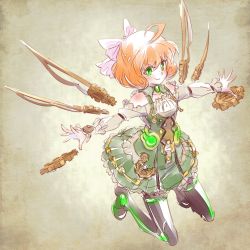 Rule 34 | 1girl, ahoge, android, bare shoulders, black thighhighs, blush, bow, breasts, closed mouth, curly hair, dress, floating, floating object, floating sword, floating weapon, freckles, full body, gears, gradient background, green eyes, hair bow, hair ornament, hair ribbon, happy, highres, iesupa, kneeling, long sleeves, looking at viewer, md5 mismatch, orange hair, outstretched arms, penny polendina, pink bow, pink ribbon, ribbon, rwby, short hair, sitting, skirt, smile, solo, steampunk, sword, thighhighs, weapon, wings