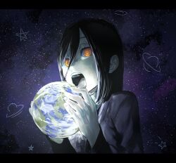 Rule 34 | 1girl, black hair, chainsaw man, commentary, earth (planet), eating, eliasdessin, glowing, hair between eyes, highres, holding planet, nayuta (chainsaw man), open mouth, planet, ringed eyes, shooting star, solo, space, star (sky), teeth, ufo, yellow eyes