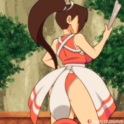 Rule 34 | 1girl, animated, animated gif, artist name, ass, bouncing breasts, breasts, brown hair, cleavage, fatal fury, folding fan, hand fan, hand on own hip, highleg, holding, holding fan, large breasts, looking at viewer, looking back, open mouth, ponytail, sash, shiranui mai, smile, solo, the king of fighters, the king of fighters &#039;98, tree, twistedgrim