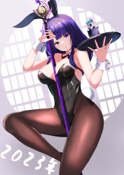 Rule 34 | 1girl, 2023, absurdres, alternate costume, animal ears, arm up, bare arms, bare shoulders, between breasts, between legs, black hairband, black leotard, black pantyhose, blue bow, blush, bottle, bow, breasts, chinese zodiac, cleavage, closed mouth, collar, commentary request, detached collar, drink, electricity, engulfing lightning (genshin impact), fake animal ears, fake tail, feet out of frame, genshin impact, grey background, hairband, hand up, highleg, highleg leotard, highres, holding, holding polearm, holding tray, holding weapon, leg up, leotard, long hair, looking at viewer, medium breasts, neck ribbon, new year, pantyhose, playboy bunny, polearm, purple hair, rabbit ears, rabbit tail, raiden shogun, red ribbon, ribbon, shibakame, sidelocks, strapless, strapless leotard, tail, thighs, translation request, tray, weapon, white collar, white wrist cuffs, window, wrist cuffs, year of the rabbit