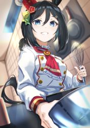 Rule 34 | 1girl, absurdres, animal ears, black hair, blue eyes, eishin flash (collect chocolatier) (umamusume), eishin flash (umamusume), hair between eyes, hair ornament, hairclip, highres, holding, holding whisk, horse ears, horse girl, horse tail, long sleeves, mixing bowl, official alternate costume, open mouth, short hair, signature, smile, solo, sui (sui27shika), tail, umamusume, upper body, whisk