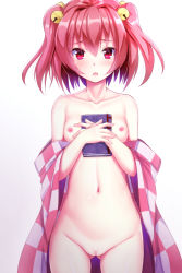 Rule 34 | 1girl, bell, blush, book, breasts, cleft of venus, ebi 193, hair bell, hair ornament, jingle bell, looking at viewer, medium hair, motoori kosuzu, navel, nipples, nude, open mouth, pussy, red eyes, red hair, small breasts, solo, touhou, twintails, two side up, uncensored