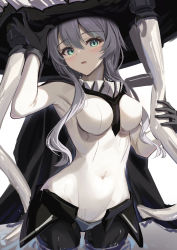 Rule 34 | 1girl, absurdres, abyssal ship, black cape, black gloves, blue eyes, blush, breasts, cape, cowboy shot, gloves, hair between eyes, highres, kantai collection, kokenashi, long hair, medium breasts, navel, open mouth, pale skin, solo, tentacles, white hair, wo-class aircraft carrier