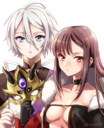Rule 34 | 1boy, 1girl, black dress, black gloves, black jacket, blue eyes, blush, breasts, brown hair, center opening, chinese clothes, choker, cleavage, closed mouth, collarbone, cropped jacket, dress, earrings, elbow gloves, fate/grand order, fate (series), fur-trimmed jacket, fur trim, gloves, holding, holding mask, horned mask, jacket, jewelry, long hair, looking at viewer, mask, unworn mask, medium breasts, multiple earrings, open clothes, open jacket, parted lips, prince of lan ling (fate), red eyes, ribbon-trimmed dress, seeds328, short hair, very long hair, yu mei-ren (fate)