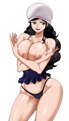 Rule 34 | 1girl, ass, black hair, blue eyes, breasts, curvy, female focus, highres, large breasts, lips, long hair, nico robin, nipples, one piece, open mouth, panties, pinkpawg, ponytail, shiny skin, sitting, smile, solo, source request, underwear, very long hair, wide hips