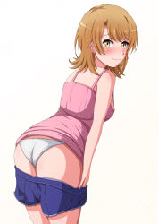 Rule 34 | 1girl, ass, blue shorts, blush, breasts, brown hair, camisole, closed mouth, clothes pull, commentary request, from behind, highres, isshiki iroha, konoyan, medium breasts, medium hair, panties, pink camisole, shorts, shorts pull, simple background, solo, underwear, white background, white panties, yahari ore no seishun lovecome wa machigatteiru., yellow eyes