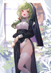 Rule 34 | 1girl, :d, black dress, delutaya, dress, fang, feet out of frame, fuyouchu, green hair, highres, indie virtual youtuber, long hair, long sleeves, looking at viewer, nun, open mouth, pelvic curtain, puffy long sleeves, puffy sleeves, red eyes, smile, solo, standing, thighhighs, veil, virtual youtuber, white thighhighs