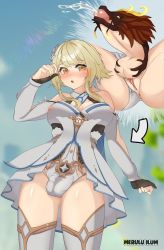 Rule 34 | 1futa, anus, bare shoulders, blonde hair, blurry, blurry background, blush, breasts, bulge, chastity cage, clothing aside, commentary, commission, covered erect nipples, detached sleeves, dress, english commentary, erection, flower, full-package futanari, futanari, genshin impact, grey dress, grey panties, grey thighhighs, hair flower, hair ornament, highres, large breasts, looking at viewer, lumine (genshin impact), merulu ilum, multiple views, nose blush, panties, panties aside, penis, pussy, rex lapis (genshin impact), solo, testicles, thighhighs, uncensored, underwear, yellow eyes