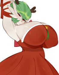 Rule 34 | 1girl, absurdres, antlers, arm behind head, arm ribbon, arm up, armpits, bell, blush, bob cut, breasts, christmas, cleavage, closed mouth, colored skin, covered erect nipples, creatures (company), dress, female focus, fur-trimmed dress, fur trim, game freak, gardevoir, gen 3 pokemon, green hair, grey skin, hair between eyes, half-closed eyes, happy, highres, horns, huge breasts, jingle bell, looking at viewer, melonpuff, nintendo, nose blush, pokemon, pokemon (creature), red dress, red eyes, red ribbon, ribbon, santa costume, short hair, simple background, smile, solo, standing, strapless, strapless dress, upper body, white background