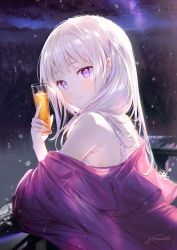 Rule 34 | 1girl, artist name, bare shoulders, cloud, cup, drink, drinking glass, emilia (re:zero), forest, from side, glint, gomzi, holding, holding cup, ice, ice cube, long hair, looking at viewer, looking to the side, milky way, nature, night, night sky, off shoulder, outdoors, purple eyes, re:zero kara hajimeru isekai seikatsu, silver hair, sky, smile, snowflakes, solo, star (sky), upper body
