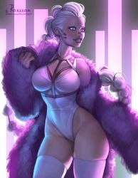 Rule 34 | 1girl, android, blue eyes, breasts, chest harness, coat, contrapposto, copyright request, covered navel, fur coat, harness, highleg, highleg leotard, highres, large breasts, leotard, looking at viewer, parted lips, ponytail, roxxxan, signature, skindentation, smile, solo, standing, thighhighs, undressing, white hair, white leotard, white thighhighs