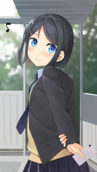 Rule 34 | 1girl, absurdres, apollo (hu maple), black hair, black jacket, black skirt, blazer, blue eyes, blue necktie, blurry, blurry background, blush, cellphone, closed mouth, commentary request, cowboy shot, day, depth of field, eighth note, from behind, hair ornament, hairclip, hand on own wrist, highres, holding, holding phone, jacket, long sleeves, looking at viewer, looking back, musical note, necktie, open clothes, open jacket, original, outdoors, parted bangs, phone, plaid, plaid skirt, pleated skirt, school uniform, short hair, skirt, smartphone, smile, solo, sweater vest, x hair ornament