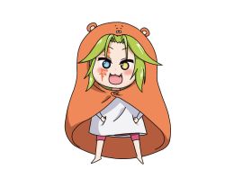 Rule 34 | 1girl, :3, azriel (no game no life), bad id, bad twitter id, blue eyes, chibi, commentary request, cosplay, facial tattoo, full body, green hair, hamster costume, hamster hood, heterochromia, himouto! umaru-chan, komaru (cosplay), komaru (himouto! umaru-chan), no game no life, open mouth, simple background, smile, standing, tattoo, white background, yamaneko (white collar46), yellow eyes