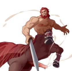 Rule 34 | 1boy, 2boys, abs, animal penis, bara, beard, cape, centaur, cum, erection, facial hair, fate/grand order, fate (series), feet out of frame, from below, full beard, hachikenoko (weigham), highres, holding, holding sword, holding weapon, horse penis, iskandar (fate), large pectorals, looking to the side, male focus, mature male, monsterification, multiple boys, muscular, muscular male, navel, nipples, old, old man, pectorals, penis, projectile cum, red eyes, red hair, serious, solo, sword, taur, thick beard, thick eyebrows, tsurime, uncensored, veins, veiny arms, weapon