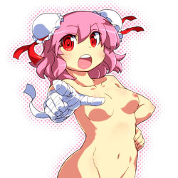 Rule 34 | 1girl, bandages, breasts, censored, collarbone, double bun, female focus, gomi ichigo, highres, ibaraki kasen, navel, nipples, nude, open mouth, out-of-frame censoring, pink hair, pointing, red eyes, short hair, small breasts, solo, touhou