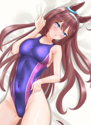 Rule 34 | 1girl, absurdres, animal ears, blue one-piece swimsuit, blush, breasts, brown hair, commentary request, competition swimsuit, covered navel, cowboy shot, hairband, highleg, highleg swimsuit, highres, horse ears, horse girl, horse tail, long hair, looking at viewer, lying, medium breasts, mihono bourbon (umamusume), multicolored clothes, multicolored swimsuit, nose blush, one-piece swimsuit, solo, swimsuit, tail, tatsumi yashiro, umamusume, white hairband