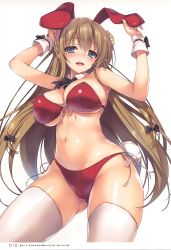 Rule 34 | 1girl, absurdres, animal ears, arms up, bare shoulders, bikini, blue eyes, bow, bowtie, breasts, brown hair, cleavage, detached collar, fake animal ears, flower, front-tie bikini top, front-tie top, hair flower, hair ornament, highres, large breasts, looking at viewer, navel, open mouth, original, rabbit ears, rabbit tail, red bikini, scan, shiny clothes, shiny skin, side-tie bikini bottom, simple background, smile, solo, swimsuit, tail, thighhighs, tomose shunsaku, white background, white thighhighs, wrist cuffs