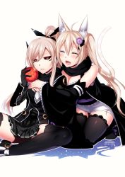 Rule 34 | 2girls, :d, ahoge, animal ears, black gloves, black legwear, black scarf, black sclera, black skirt, blonde hair, breasts, cat tail, cleavage, colored sclera, commentary request, dated, detached sleeves, closed eyes, flower, fox ears, gloves, hair flower, hair ornament, holding, hug, hug from behind, kneeling, konshin, long hair, long sleeves, medium breasts, multiple girls, obi, open mouth, original, parted lips, pleated skirt, ponytail, red eyes, sash, scarf, signature, simple background, skirt, smile, spread legs, tail, thighhighs, twintails, white background
