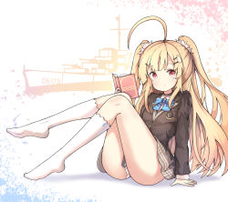 Rule 34 | 1girl, absurdres, ahoge, arm support, azur lane, black choker, black jacket, blazer, blonde hair, blue bow, blue bowtie, blush, book, bow, bowtie, brown skirt, choker, collared shirt, commentary request, eldridge (azur lane), eldridge (the inquisitive recluse) (azur lane), facial mark, hair ornament, hairclip, highres, holding, holding book, jacket, kneehighs, long hair, long sleeves, looking at viewer, no shoes, open book, panties, red eyes, shirt, sitting, skirt, sob (submar1089), socks, solo, striped bow, striped bowtie, striped clothes, striped neckwear, two side up, underwear, very long hair, white panties, white shirt, white socks