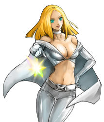 Rule 34 | 10s, 1girl, animification, bare shoulders, belt, blonde hair, blue eyes, breasts, cape, choker, cleavage, elbow gloves, emma frost, female focus, gloves, green eyes, hands on own hips, large breasts, long hair, marvel, midriff, moreshan, navel, pants, simple background, skin tight, solo, thighs, x-men