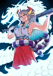 Rule 34 | 1girl, aqua hair, armpits, aura, bare arms, bare shoulders, breasts, closed mouth, club (weapon), commission, curled horns, earrings, grey hair, hair between eyes, hair ornament, hair stick, hands up, high ponytail, highres, holding, holding weapon, horns, japanese clothes, jewelry, kanabou, kataginu, large breasts, lips, long hair, looking at viewer, multicolored hair, multicolored horns, one piece, oni, over shoulder, red horns, rope, shimenawa, sideboob, sidelocks, smile, smug, solo, tina fate, weapon, weapon over shoulder, yamato (one piece), yellow eyes, yellow horns