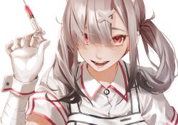 Rule 34 | 1girl, bad id, bad pixiv id, clip studio paint (medium), gloves, hair ornament, hair over one eye, hairclip, highres, looking at viewer, mole, mole under eye, nijisanji, parted lips, red eyes, silver hair, smile, solo, sukoya kana, syringe, teeth, twintails, unknown0791, virtual youtuber, white background