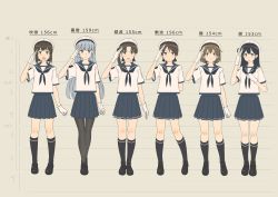 Rule 34 | 10s, 6+girls, absurdres, alternate costume, arm behind back, ayanami (kancolle), beret, black footwear, black socks, blouse, blue hair, brown hair, character name, chart, commentary request, fubuki (kancolle), gloves, hat, height chart, height difference, highres, kantai collection, key kun, kii kun, kneehighs, long hair, looking at viewer, multiple girls, murakumo (kancolle), neckerchief, oboro (kancolle), open mouth, pantyhose, pleated skirt, ponytail, sailor collar, salute, school uniform, serafuku, shikinami (kancolle), shirt, shoes, short hair, skirt, smile, socks, standing, thigh gap, ushio (kancolle), white gloves, white shirt