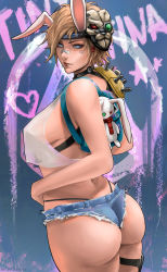 Rule 34 | aged up, animal ears, armor, ass, backpack, bag, bandage on face, bandages, bare shoulders, black choker, blonde hair, borderlands (series), borderlands 3, breasts, choker, crop top, cutoffs, denim, denim shorts, facial mark, from side, graffiti, headband, highres, large breasts, mask, mask on head, original, rabbit ears, short hair, shorts, shoulder armor, sideboob, solo, thigh strap, thighs, tiny tina, wtparadise