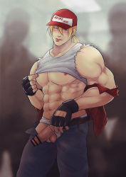 Rule 34 | 1boy, :p, abs, absurdres, bar censor, bara, bare pectorals, baseball cap, belt, blush, censored, clothes lift, clothing aside, crowd, denim, erection, exhibitionism, feet out of frame, grabbing own breast, hal (harenchiou), hat, highres, jacket, jacket partially removed, jeans, jockstrap, large pectorals, long hair, male focus, male underwear, male underwear aside, muscular, muscular male, navel, navel hair, nipple stimulation, nipple tweak, nipples, paid reward available, pants, pectorals, penis, ponytail, public indecency, shirt, shirt lift, solo, solo focus, stomach, terry bogard, the king of fighters, tongue, tongue out, torn clothes, torn shirt, tweaking own nipple, underpec, underwear, white male underwear