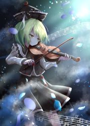 Rule 34 | 1girl, arms up, beamed eighth notes, black background, black hat, black skirt, black vest, blonde hair, blue background, bow (music), commentary request, cropped legs, eighth note, fog, gradient background, hat, highres, instrument, kayon (touzoku), light particles, light smile, long sleeves, looking down, lunasa prismriver, music, musical note, petals, playing instrument, quarter note, shirt, short hair, skirt, solo, staff (music), standing, touhou, vest, violin, white shirt, wind, wind lift, yellow eyes