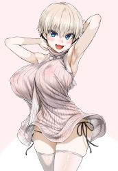 Rule 34 | &gt;:d, 1girl, :d, armpits, arms up, asanagi, blue eyes, blush, bow, breasts, commentary request, covered erect nipples, cowboy shot, dress, fang, highres, huge breasts, looking at viewer, loose clothes, nipples, no bra, open mouth, pale skin, panties, pink theme, ribbed sweater, see-through, short hair, side-tie panties, side-tie peek, silver hair, skindentation, sleeveless, sleeveless dress, smile, solo, striped clothes, striped dress, sweater, sweater dress, thighhighs, underwear, uzaki-chan wa asobitai!, uzaki hana, v-shaped eyebrows, vertical-striped clothes, vertical-striped dress, white thighhighs
