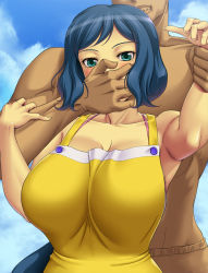 Rule 34 | 10s, 1boy, 1girl, ameoto, apron, aqua eyes, bikini, blue hair, blue sky, blush, breasts, cleavage, cloud, collarbone, covering another&#039;s mouth, day, faceless, faceless male, from behind, gag, gagged, gundam, gundam build fighters, hand gagged, hand over another&#039;s mouth, hand over another's mouth, hand over mouth, holding another&#039;s wrist, huge breasts, imminent rape, iori rinko, large breasts, long hair, mature female, open mouth, ponytail, restrained, sky, solo focus, swimsuit, very long hair