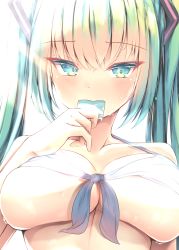 Rule 34 | 1girl, bikini, bikini top only, blush, breasts, eating, food, green eyes, green hair, hatsune miku, kiseno, large breasts, long hair, looking at viewer, popsicle, simple background, solo, sweat, swimsuit, twintails, upper body, vocaloid, white background, white bikini
