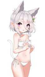Rule 34 | 1girl, :o, animal ears, bad id, bad pixiv id, bare arms, bare shoulders, blush, bra, breasts, cat cutout, cat ear panties, cat ears, cat girl, cat lingerie, cat tail, choker, cleavage, cleavage cutout, clothing cutout, collarbone, eyes visible through hair, flower, frilled bra, frills, groin, hair between eyes, hair flower, hair ornament, highres, kemonomimi mode, kokkoro (princess connect!), meme attire, navel, panties, parted lips, pink flower, pointy ears, princess connect!, purple eyes, side-tie panties, sidelocks, silver hair, simple background, small breasts, solo, tail, tail raised, teeth, underwear, underwear only, upper teeth only, w.k, white background, white bra, white choker, white panties