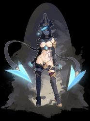 Rule 34 | 1girl, absurdres, bare shoulders, black background, black footwear, black hair, black shorts, blue eyes, blue hair, boots, breasts, brown background, claws, clothes pull, elbow gloves, evelynn (league of legends), female focus, full body, gloves, heart, high heel boots, high heels, highres, horns, league of legends, long hair, looking at viewer, medium breasts, navel, nipples, one eye closed, pointy ears, pulled by self, pussy, shadow evelynn, shorts, shorts pull, shuuko (s h uuko), smile, solo, standing, tail, tattoo, thigh boots, thighhighs, undressing
