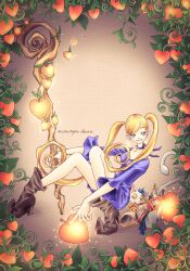 Rule 34 | 1girl, artist name, blue eyes, boots, breasts, brown footwear, closed mouth, commentary request, dress, gradient background, heart, highres, long hair, looking at viewer, momonpu heart, original, plant, procreate (medium), purple dress, simple background, solo, twintails, vines