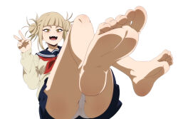 Rule 34 | 1girl, absurdres, barefoot, blonde hair, blush, boku no hero academia, feet, foot focus, highres, open mouth, panties, skirt, soles, solo, toes, toga himiko, underwear, v, yellow eyes, zorzero