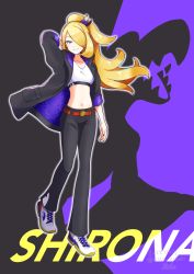 Rule 34 | 1girl, absurdres, alternate costume, arutarika (ri kaoekaki), belt, belt buckle, black nails, black pants, blonde hair, buckle, character name, closed mouth, commentary request, creatures (company), cynthia (pokemon), eyelashes, floating hair, full body, game freak, grey eyes, hair over one eye, hand up, highres, long hair, looking at viewer, midriff, nail polish, navel, nintendo, outline, pants, pokemon, pokemon dppt, red belt, shirt, shoes, smile, sneakers, solo, white footwear, white shirt