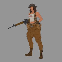 Rule 34 | 1girl, ammunition pouch, assault rifle, boots, breasts, brown gloves, brown hair, canteen, fallout (series), fallout new vegas, full body, gloves, grey background, gun, harness, helmet, highres, jumpsuit, jumpsuit around waist, long hair, looking to the side, m16, m16a1, medium breasts, military, pith helmet, pouch, rifle, simple background, solo, suspenders, tank top, toned, user durv7353, weapon