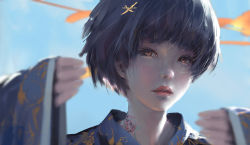 Rule 34 | 1girl, black hair, blue sky, blurry, bob cut, brown eyes, day, depth of field, eyelashes, garland (decoration), ghostblade, highres, lips, long sleeves, looking at viewer, neck tattoo, original, parted lips, short hair, sky, sleeves past wrists, solo, tattoo, upper body, wlop