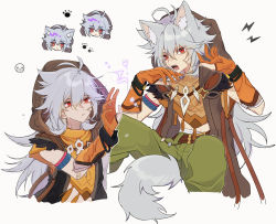 Rule 34 | 1boy, animal ear fluff, animal ears, bandaged arm, bandages, bone necklace, closed mouth, fangs, fur trim, genshin impact, gloves, green pants, grey hair, hair between eyes, highres, long hair, male focus, nekoshin kagari, open mouth, orange gloves, pants, partially fingerless gloves, paw print, plant, profile, razor (genshin impact), red eyes, scar, scar on arm, scar on face, simple background, solo, tail, tongue, very long hair, white background, wolf ears, wolf tail