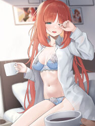 Rule 34 | 1girl, bed, blue bra, blue panties, blush, bra, breasts, cleavage, coffee, coffee mug, collarbone, collared shirt, cup, dress shirt, genshin impact, green eyes, highres, large breasts, long hair, long sleeves, looking at viewer, mug, navel, nilou (genshin impact), on bed, one eye closed, open clothes, open mouth, open shirt, panties, red hair, shirt, sidelocks, sitting, smile, solo focus, sp123, thighs, underwear, waking up, white shirt