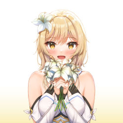 Rule 34 | 1girl, :d, bare shoulders, blonde hair, blush, bouquet, breasts, detached sleeves, flower, genshin impact, hair flower, hair ornament, highres, holding, holding bouquet, lily (flower), long sleeves, looking at viewer, lumine (genshin impact), medium breasts, open mouth, qoray7, smile, solo, upper body, white background, white flower, yellow eyes