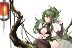 Rule 34 | 1girl, ;), alternate costume, antenna hair, arknights, black dress, black thighhighs, breasts, bright pupils, china dress, chinese clothes, cleavage, detached sleeves, dress, earrings, folding fan, gavial (arknights), green hair, green nails, grin, hair between eyes, hair ornament, hand fan, highres, jewelry, jiusan naitang, long hair, medium breasts, nail polish, navel, one eye closed, pointy ears, ponytail, revealing clothes, sidelocks, sitting, smile, solo, tail, thighhighs, white pupils, yellow eyes